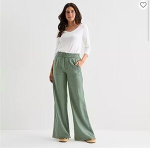 NWT St.John’s Bay Wide Leg High Rise Linen Blend Pants Elastic Waistband Pockets